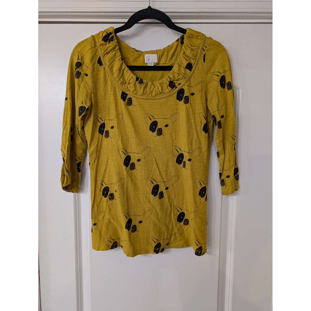 Anthropologie Postmark Mustard Yellow‎ French Bulldog Print Top Small novelty